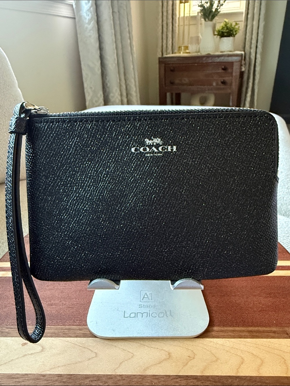 Coach sparkle Black Textured Leather Zip Wristlet with Silver Logo